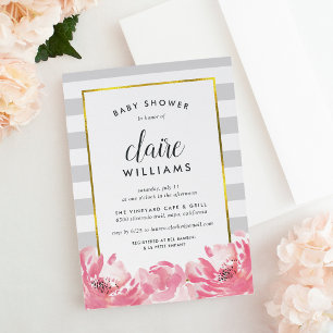 Gray Stripe & Pink Peony Baby shower Invitation Kaart