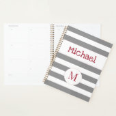 Gray Stripe Red Fire Truck Trendy Monogram Planner (Display)