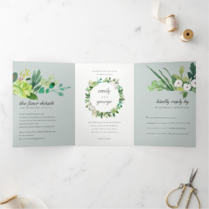 GRAY SUCCULENT WREATH FOLIAGE WATERVERF WEDING DRIELUIK UITNODIGING