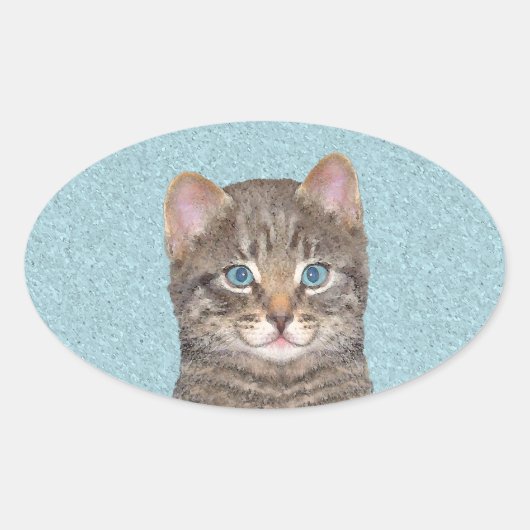 Gray Tabby Cat Painting - Cute Original Cat Art Ovale Sticker (Voorkant)