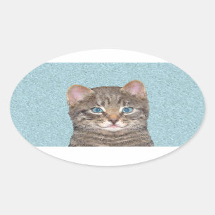 Gray Tabby Cat Painting - Cute Original Cat Art Ovale Sticker