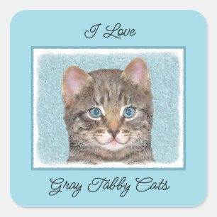 Gray Tabby Cat Painting - Cute Original Cat Art Vierkante Sticker