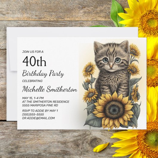 Gray Tabby Kitten Cat Sunflower 40th Birthday Kaart