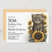 Gray Tabby Kitten Cat Sunflower 90th Birthday Kaart (Voorkant / Achterkant)