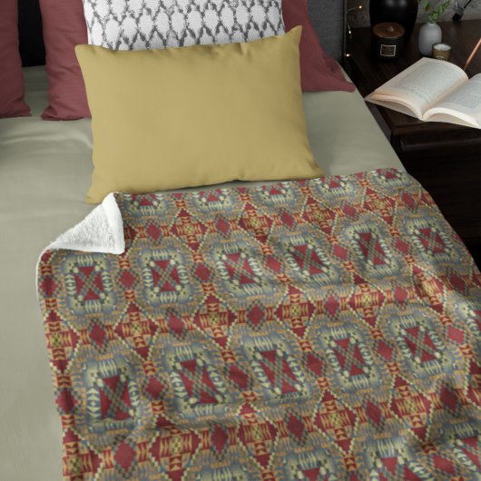 Gray Tan Brown Ochre Ivory Red Tribal Patroon Fleece Deken