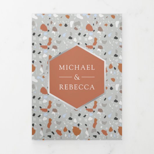 Gray Terrazzo Tegel Terracotta Arch QR Code Wedden Drieluik Uitnodiging (Cover)