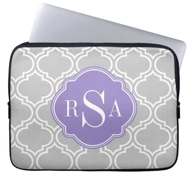 Gray Tile Lattice Pattern Lavener Monogram Laptop Sleeve (Voorkant)