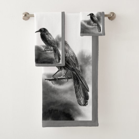 Gray Trim Black Birds - Raven Bad Handdoek (Insitu)