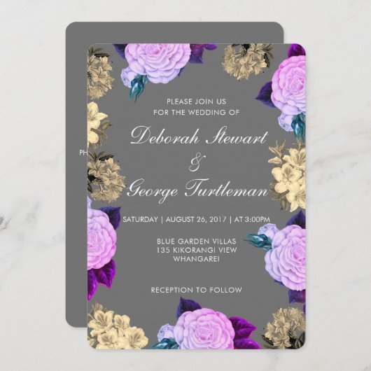 Gray Violet Floral Wedding Invitation (Devant / Derrière)