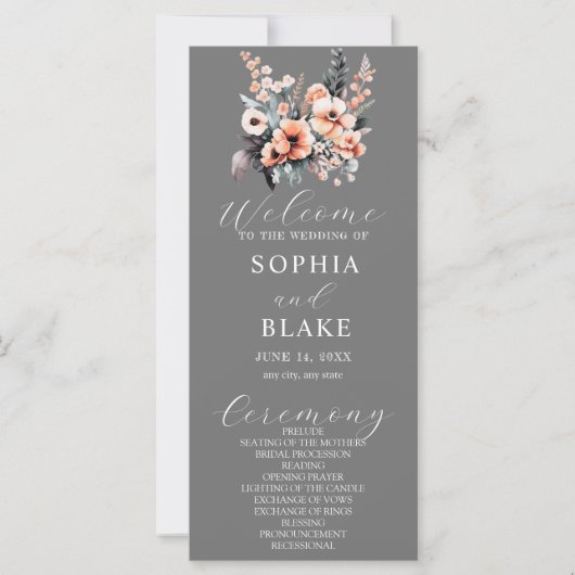 Gray Wedding Programme White and Blush Flowers (Voorkant)