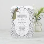 Gray Whimsical Peacock Love Bird Pattern Weddensch Kaart (Staand voorkant)
