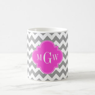 Gray Whirt Chevron Hot Pink Quatrefoil 3 Monogram Koffiemok