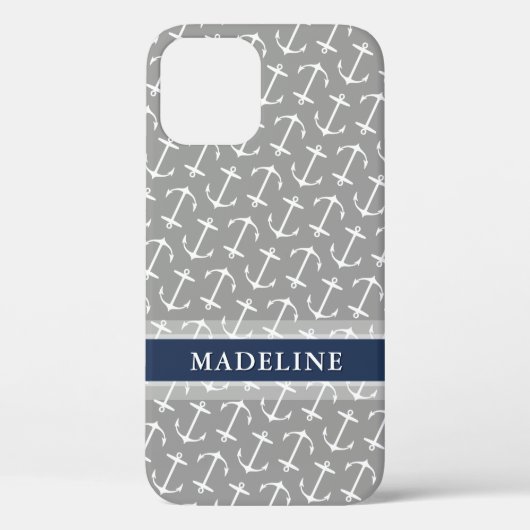 Gray White Anchor Pattern Name Case-Mate iPhone Case (Achterkant)