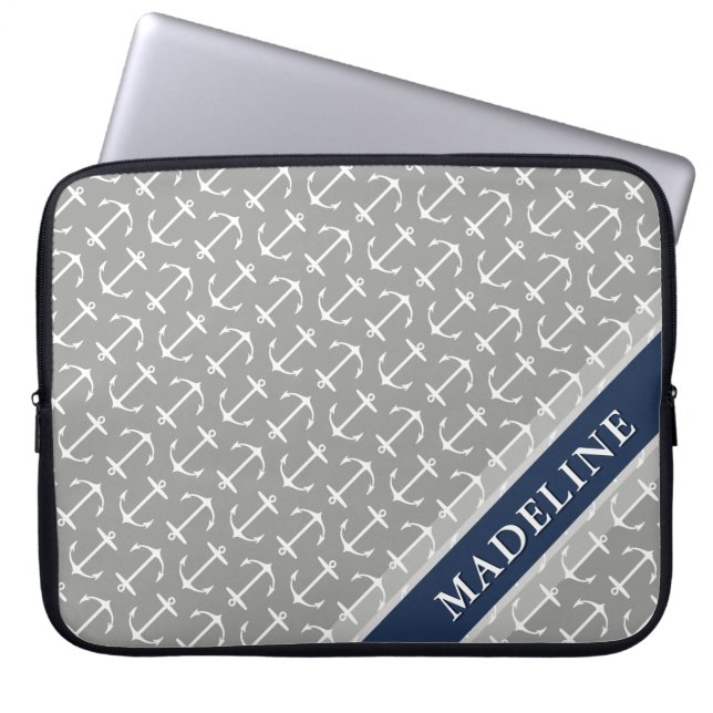 Gray White Anchor Pattern Name Laptop Sleeve (Voorkant)