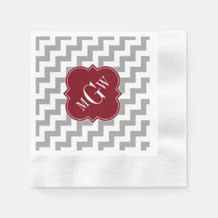 Gray White Chevron Burgundy Quatrefoil 3 Monogram Servetten