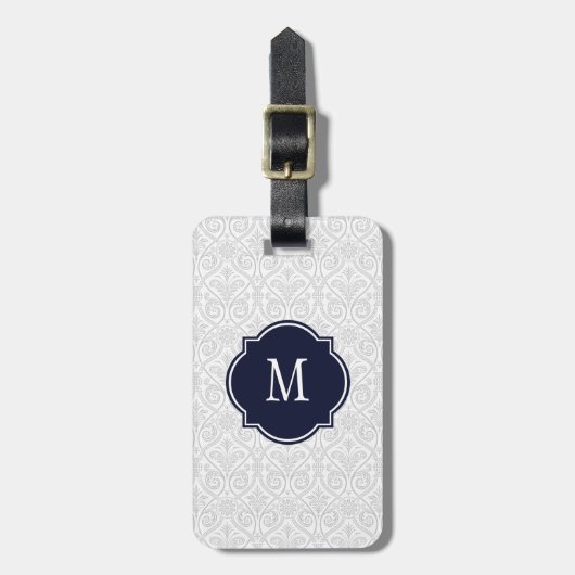 Gray & White Damask Monogram Bagagelabel (Voorkant verticaal)