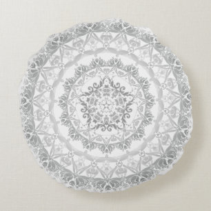Gray White Floral Damask Mandala Rond Kussen