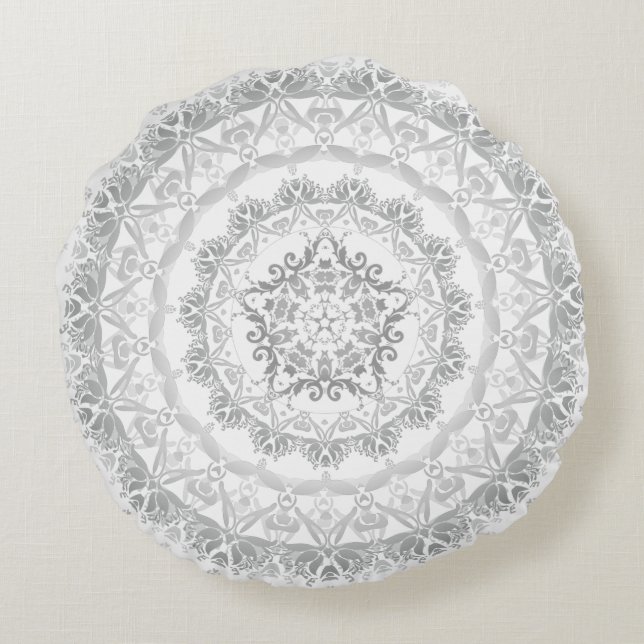 Gray White Floral Damask Mandala Rond Kussen (Achterkant)