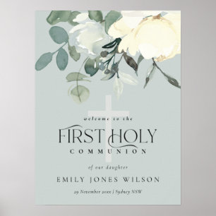 GRAY WHITE FLORAL FIRST HOLY COMMUNION WELCOMM POSTER