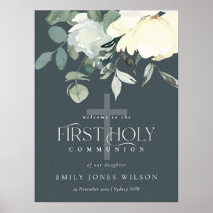 GRAY WHITE FLORAL FIRST HOLY COMMUNION WELCOMM POSTER