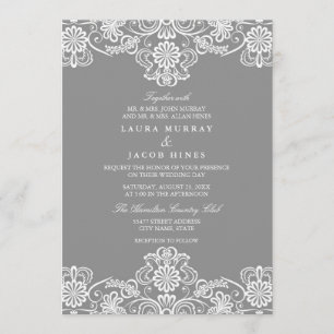 Gray & White Floral Lace Wedding Invitation Kaart