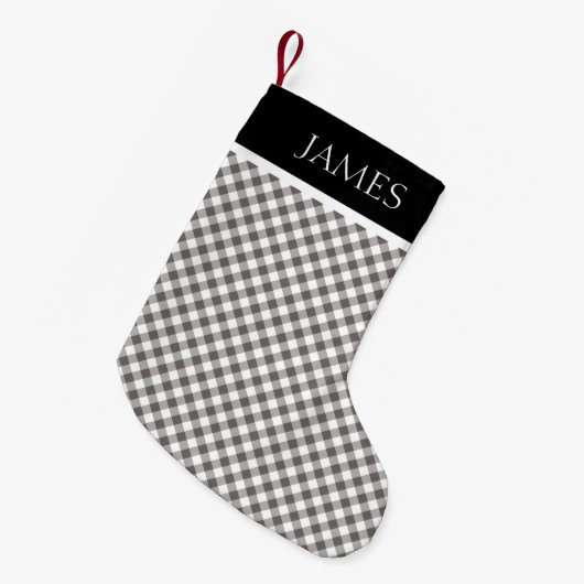 Gray White Gingham Black Collar Aangepaste naam Kleine Kerstsok (Voorkant (Hangend))