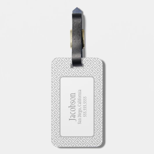 Gray & White Greek Key Monogram Bagagelabel (Achterkant verticaal)
