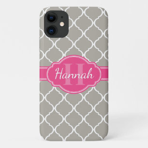 Gray White Lattice Pattern Roze Monogram iPhone 11 Hoesje