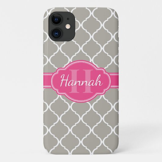 Gray White Lattice Pattern Roze Monogram Case-Mate iPhone Case (Achterkant)
