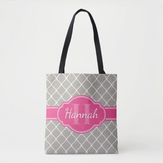 Gray White Lattice Pattern Roze Monogram Draagtas (Voorkant)
