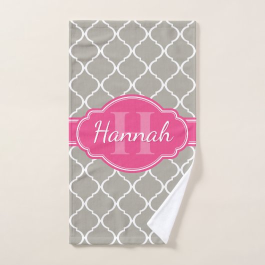 Gray White Lattice Pattern Roze Monogram Handdoek (Handdoek)