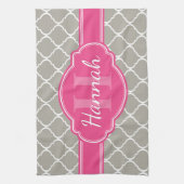 Gray White Lattice Pattern Roze Monogram Theedoek (Verticaal)