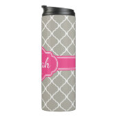 Gray White Lattice Pattern Roze Monogram Thermosbeker (Geroteerd rechts)