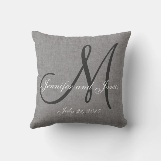 Gray White Linen Monogram Wedding Keepomwille Kussen (Achterkant)