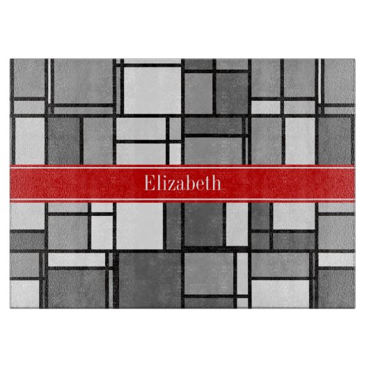 Gray White Mondrian Style Red Ribbon Monogram Snijplank (Voorkant)