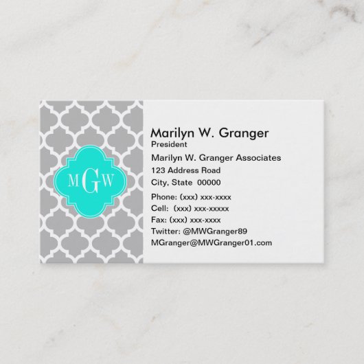 Gray White Moroccan #5 Brt Aqua 3 Initiaal monogra Visitekaartje (Voorkant)