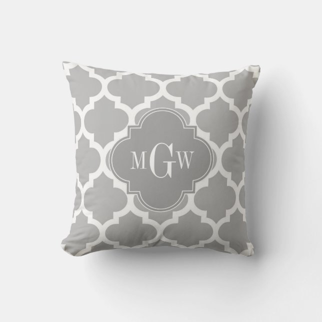 Gray White Moroccan #5 Grey 3 Initiaal Monogram Kussen (Voorkant)