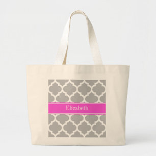 Gray White Moroccan #5 Hot Pink Name Monogram Grote Tote Bag