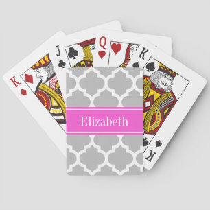 Gray White Moroccan #5 Hot Pink Name Monogram Pokerkaarten