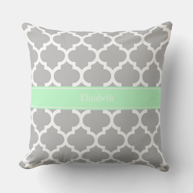 Gray White Moroccan #5 Mint Name Monogram Kussen (Voorkant)