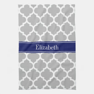 Gray White Moroccan #5 Navy Blue Name Monogram Theedoek