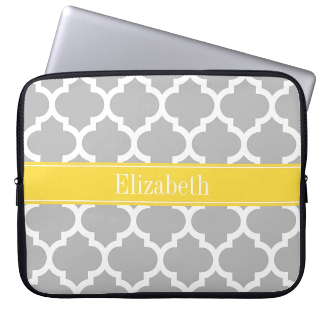 Gray White Moroccan #5 Pineapple Name Monogram Laptop Sleeve (Voorkant)