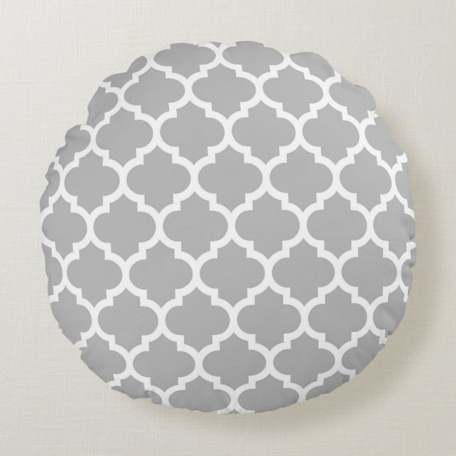 Gray White Moroccan Quatrefoil Pattern #5 Rond Kussen (Voorkant)