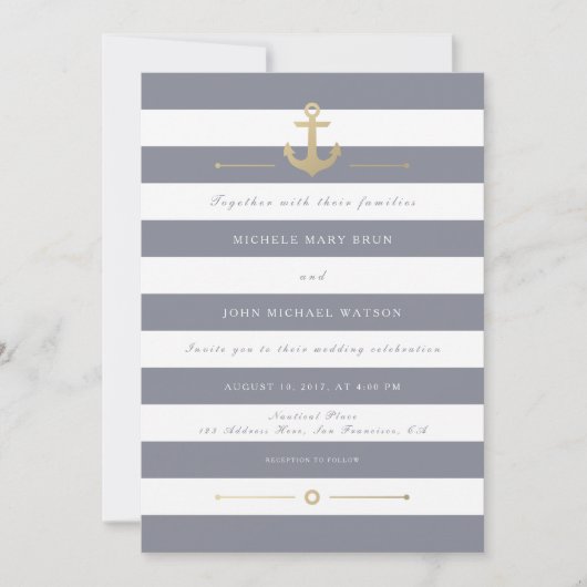 Gray White Striped Nautical Wedding Invitation Kaart (Voorkant)