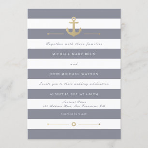 Gray White Striped Nautical Wedding Invitation Kaart