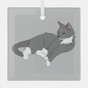 Gray & White Tuxedo Cat Glas Ornament
