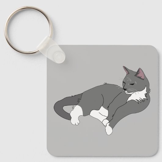 Gray & White Tuxedo Cat Sleutelhanger (Voorkant)