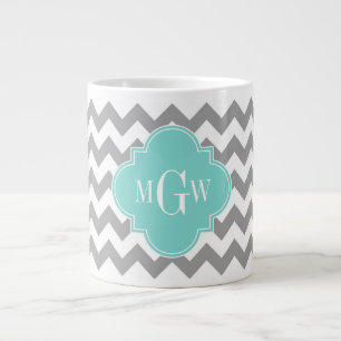 Gray Wht Chevron Aqua Quatrefoil 3 Monogram Grote Koffiekop