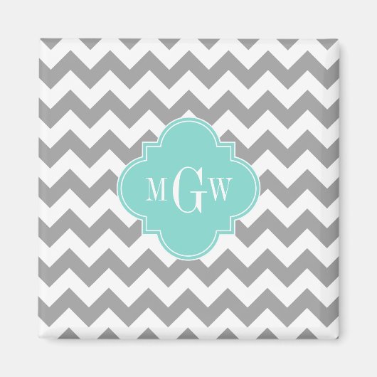 Gray Wht Chevron Aqua Quatrefoil 3 Monogram Magneet (Voorkant)