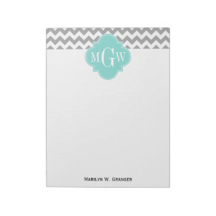 Gray Wht Chevron Aqua Quatrefoil 3 Monogram Notitieblok